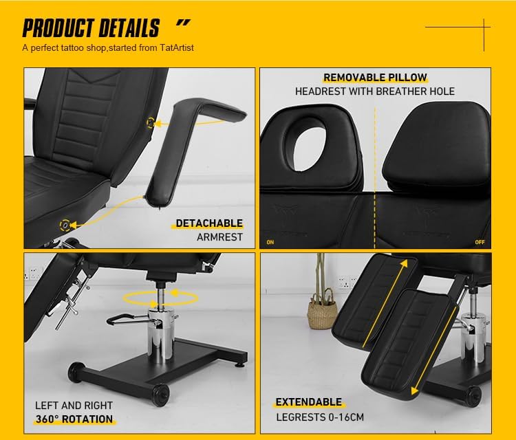 TATARTIST Hydraulic Tattoo Chair for Client Adjustable Tattoo Bed Portable Massage Table Solon Spa Chair Professional Tattoo Studio Equipment (Black)
