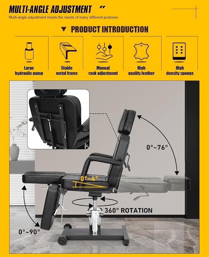 TATARTIST Hydraulic Tattoo Chair for Client Adjustable Tattoo Bed Portable Massage Table Solon Spa Chair Professional Tattoo Studio Equipment (Black)