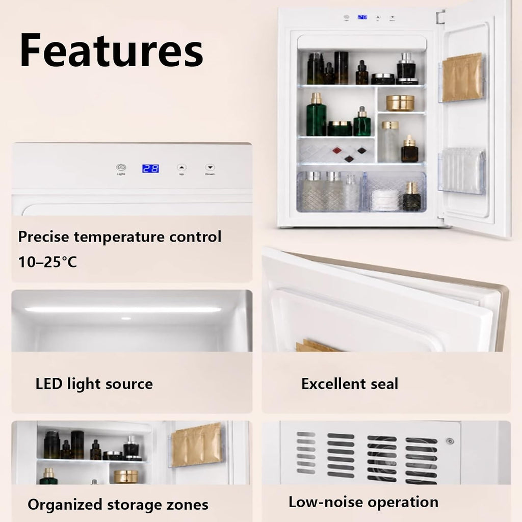 Built-in Beauty Fridge Cabinet with Mirror Door 32L Large Capacity | Touch Control Panel, No-fog Mirror Glass, Scientific Divided Storage, LED Shelf Light,