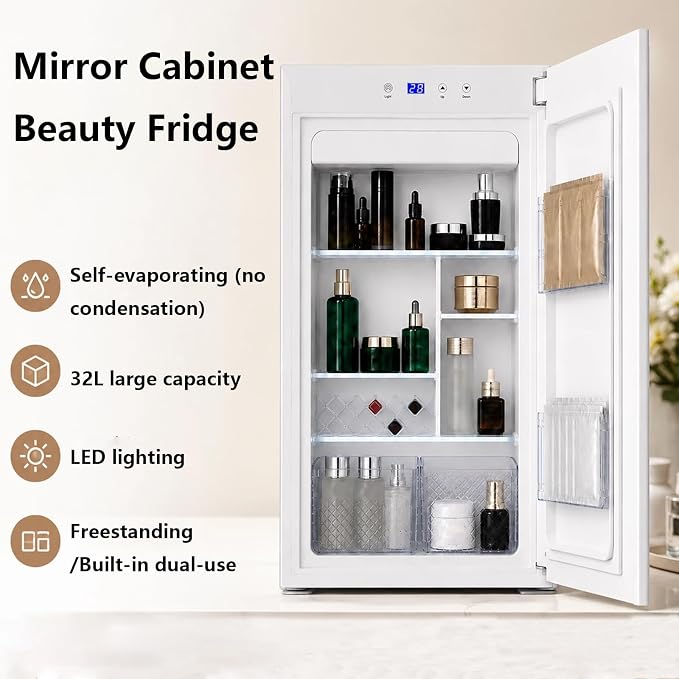 Built-in Beauty Fridge Cabinet with Mirror Door 32L Large Capacity | Touch Control Panel, No-fog Mirror Glass, Scientific Divided Storage, LED Shelf Light,