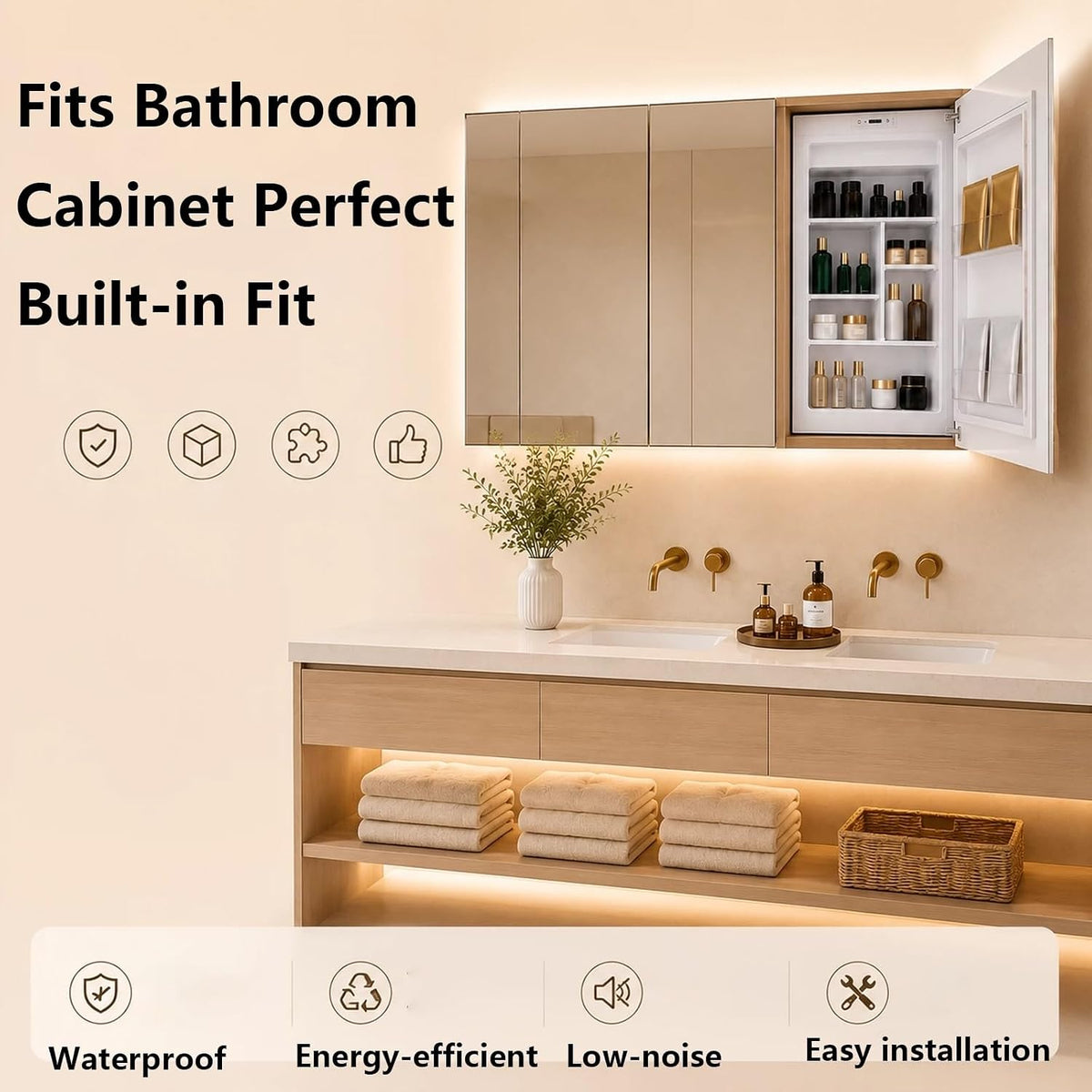 Built-in Beauty Fridge Cabinet with Mirror Door 32L Large Capacity | Touch Control Panel, No-fog Mirror Glass, Scientific Divided Storage, LED Shelf Light,